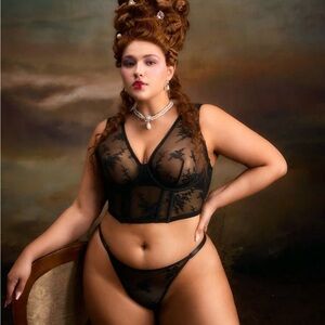 Pinup Glam Black Chantilly Lace Bustier Bra and Panty Set